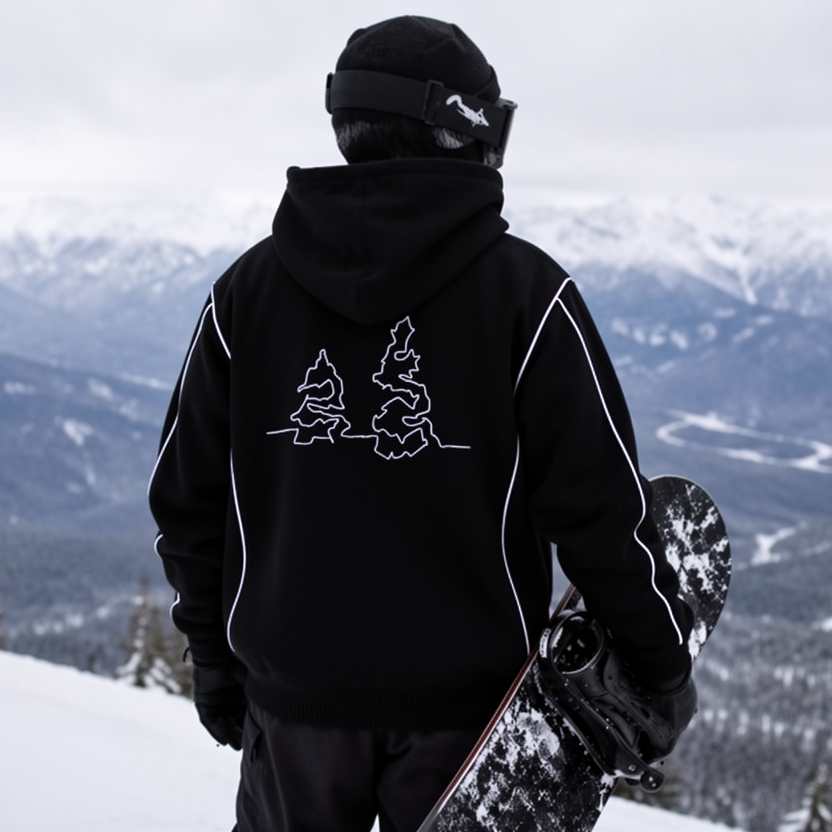 A person standing on a snowy mountain ridge with a snowboard under one arm, wearing a black hooded jacket with a white graphic on the back and dark pants, overlooking a snowy mountain valley.